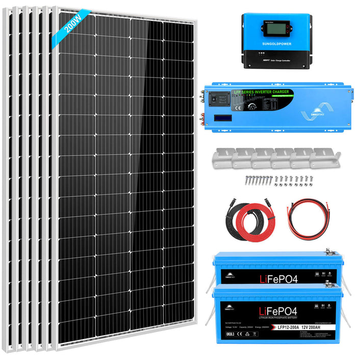 SunGold Off Grid Solar Kit 4000W Inverter 12VDC 120V/240V LIFEPO4 Battery 1200 Watt Solar Back Up SGK-PR4S