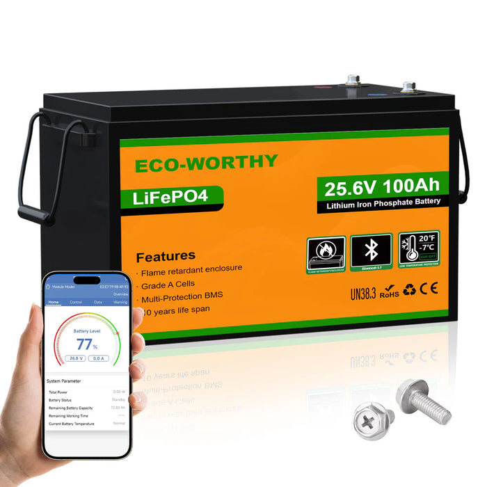 Eco-Worthy 24V 100Ah LiFePO4 Lithium - Deep Cycle Rechargeable Battery with Low-Temp Protection