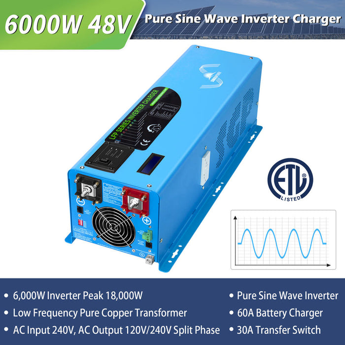 SunGold 6000W DC 48V Split Phase Pure Sine Wave Inverter with Charger UL1741 Standard