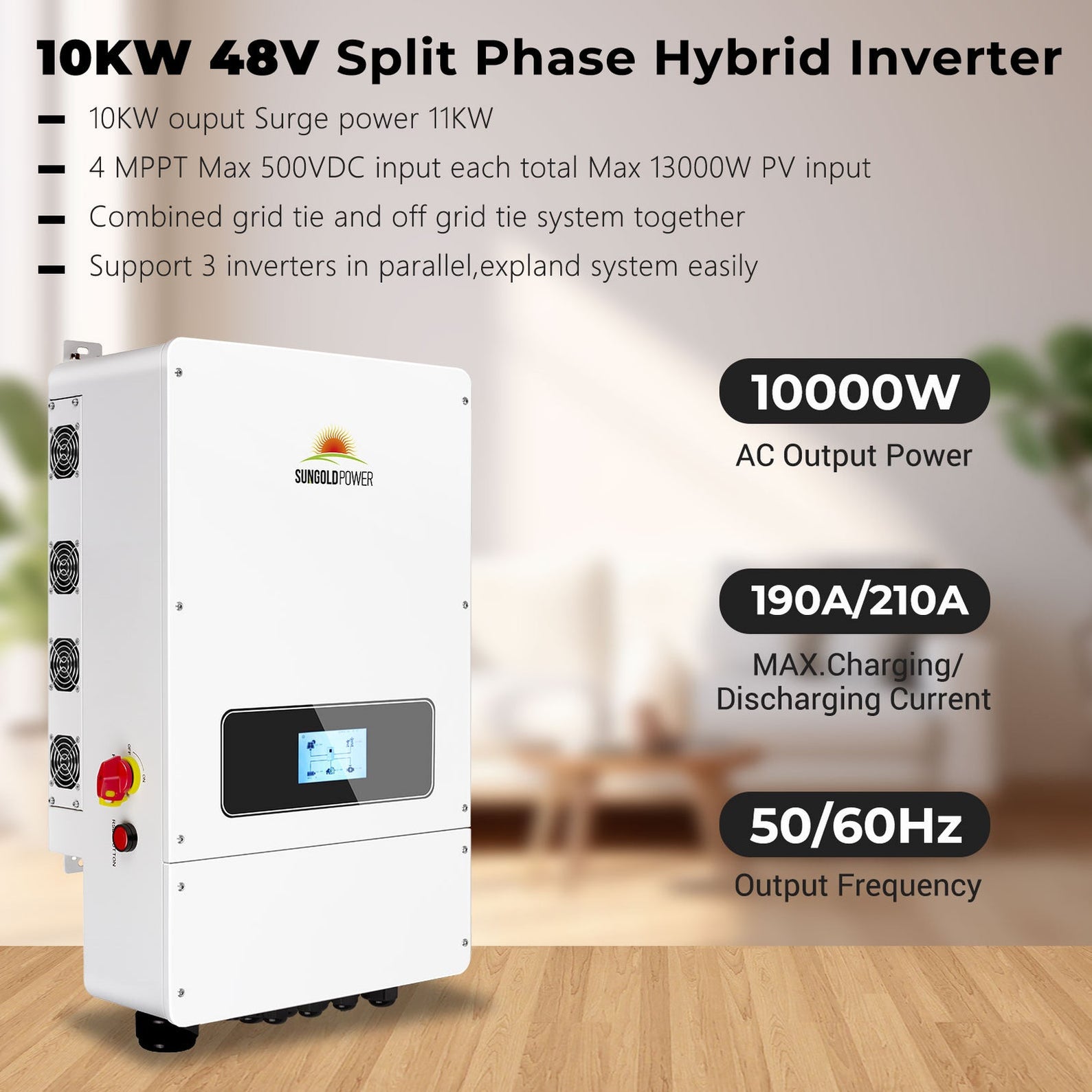 SunGold UL 10KW Hybrid Inverter 48V Split Phase Grid Feedback Batteryl ...