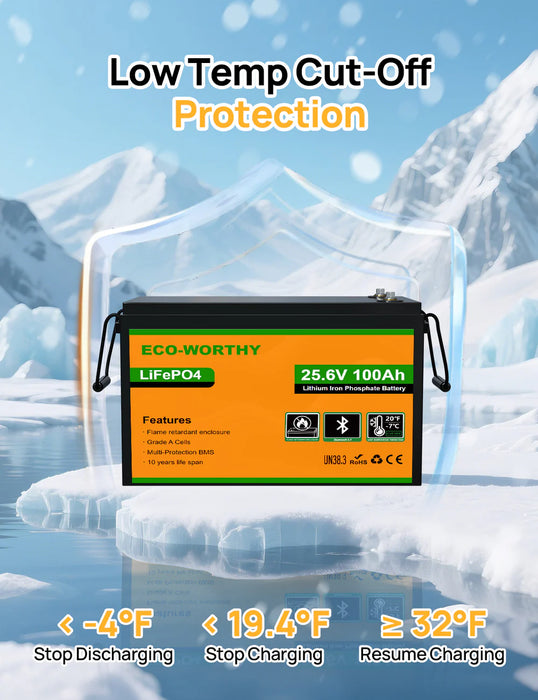 Eco-Worthy 24V 100Ah LiFePO4 Lithium - Deep Cycle Rechargeable Battery with Low-Temp Protection