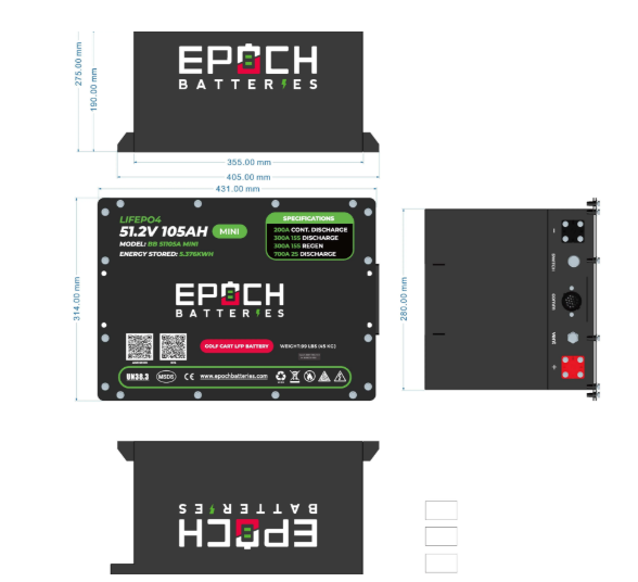 Epoch Batteries 48V 105Ah MINI - Lithium (LiFePO4) Golf Cart Battery - Complete Kit