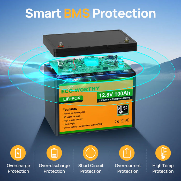 Eco-Worthy 12V 100Ah LiFePO4 Battery with Low-temperature Protection and Bluetooth Option