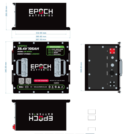 Epoch Batteries 36V 105Ah - LiMax Series - Lithium (LiFePO4) Golf Cart Battery - Complete Kit