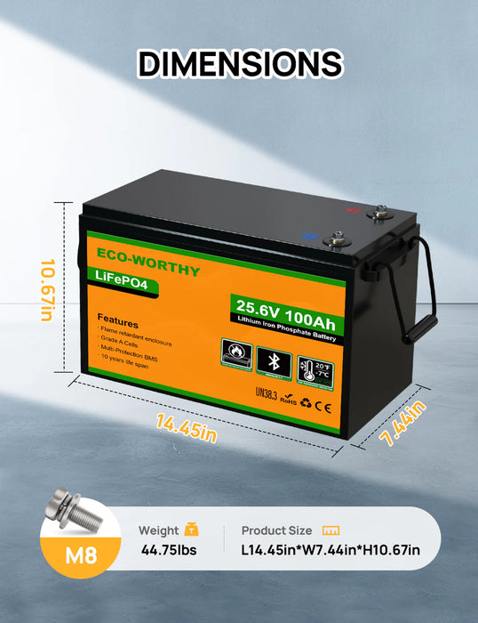 Eco-Worthy 24V 100Ah LiFePO4 Lithium - Deep Cycle Rechargeable Battery with Low-Temp Protection