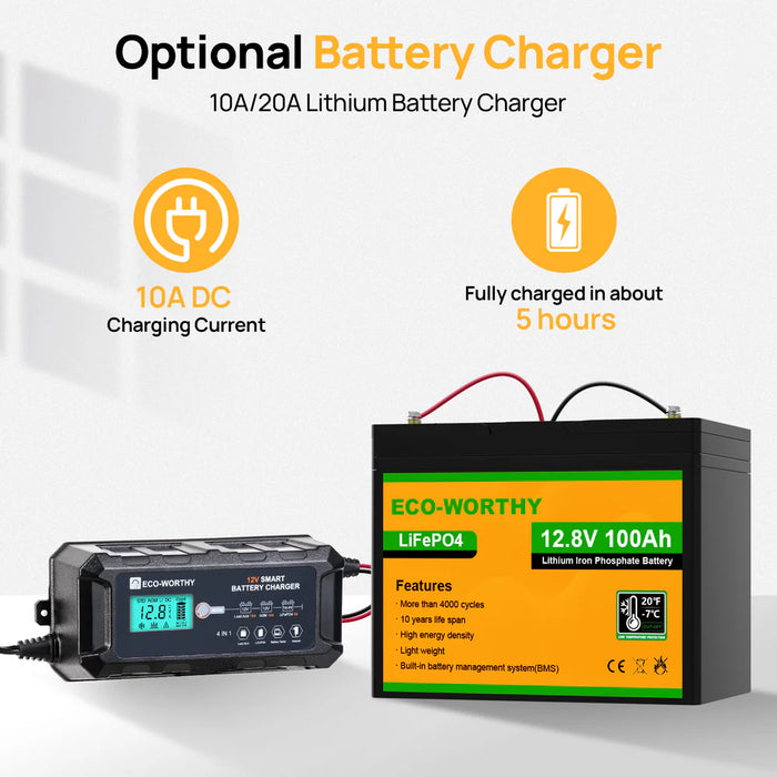 Eco-Worthy 12V 100Ah LiFePO4 Battery with Low-temperature Protection and Bluetooth Option
