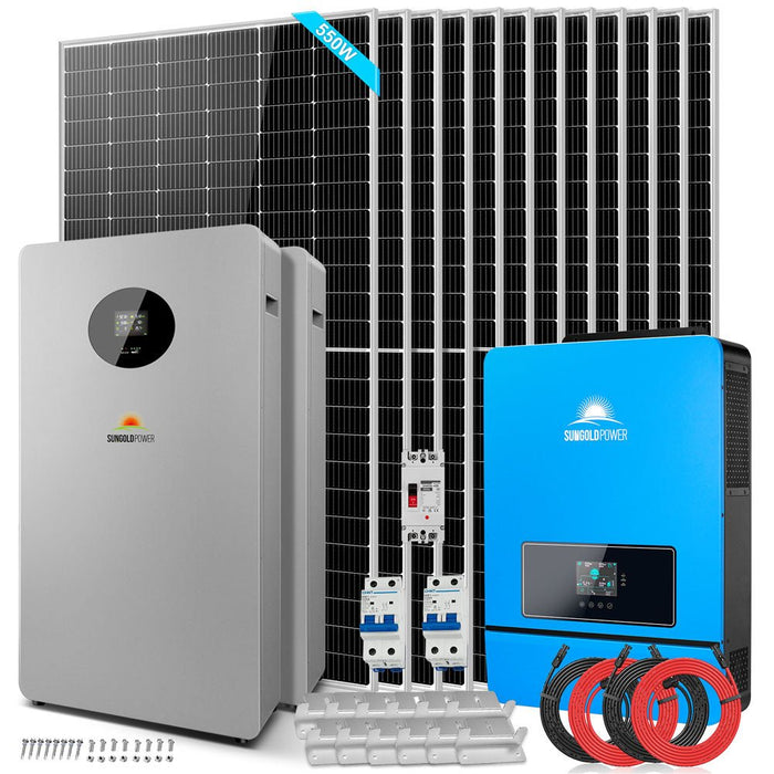 Sungold Power OFF GRID SOLAR KIT 12 X 550 WATTS SOLAR PANELS 20.48KWH-32.14KWH LITHIUM BATTERY 10KW SOLAR INVERTER 48VDC 120V/240V (SGR-10K25S)