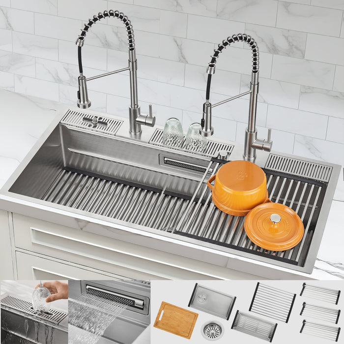 Forno Acqua 45" Drop-In/Undermount 3 Level Workstation Sink, 2 Faucets, Glass Rinser in Stainless Steel (J-WP31)
