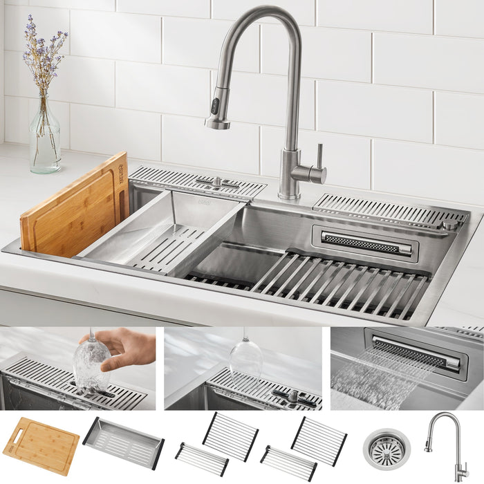 Forno Acqua 33" Drop-In/Undermount 3 Level Workstation Sink, Waterfall Faucet, Glass Rinser in Stainless Steel (D-WP30)