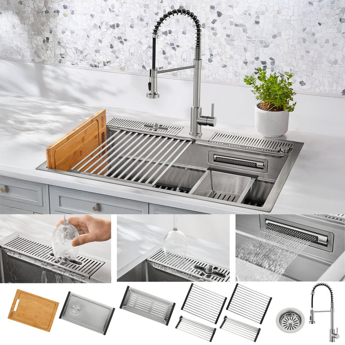 Forno Acqua 33" Drop-In/Undermount 3 Level Workstation Sink, Chef Faucet, Glass Washing Station in Stainless Steel (D-WP31)