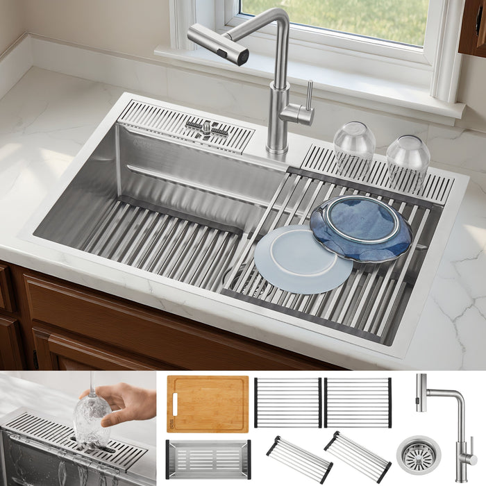 Forno Acqua 33" Drop-In/Undermount 3 Level Workstation Sink, Waterfall Faucet, Glass Rinser in Stainless Steel (D-XP30)