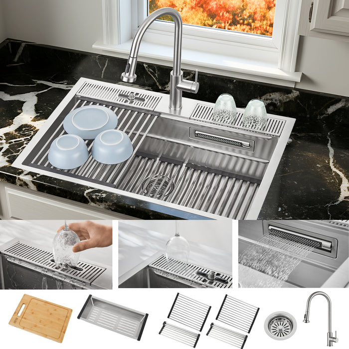 Forno Acqua 33" Drop-In/Undermount 3 Level Workstation Sink, Retractable Faucet, Glass Rinser in Stainless Steel (D-XP30)