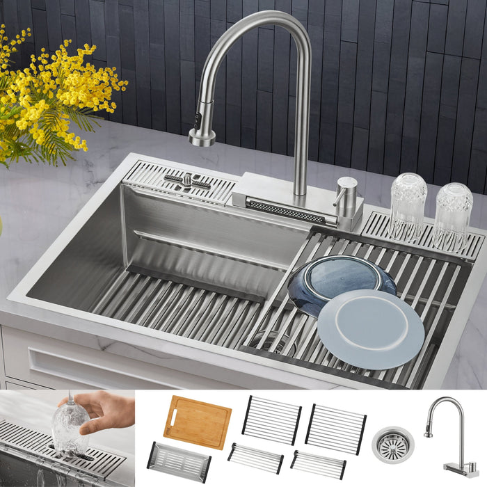 Forno Acqua 33" Drop-In/Undermount 3 Level Workstation Sink, Waterfall Faucet, Glass Rinser in Stainless Steel (E-XP30)