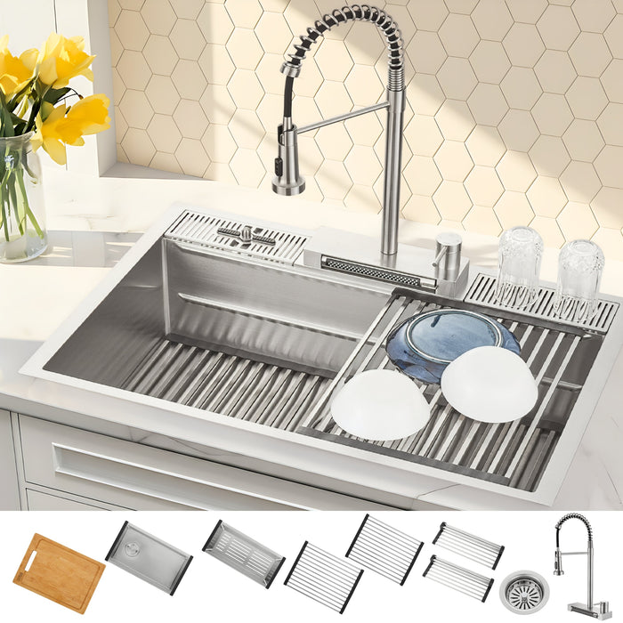 Forno Acqua 33" Drop-In/Undermount 3 Level Workstation Sink, Waterfall Faucet, Glass Rinser in Stainless Steel (E-XP31)