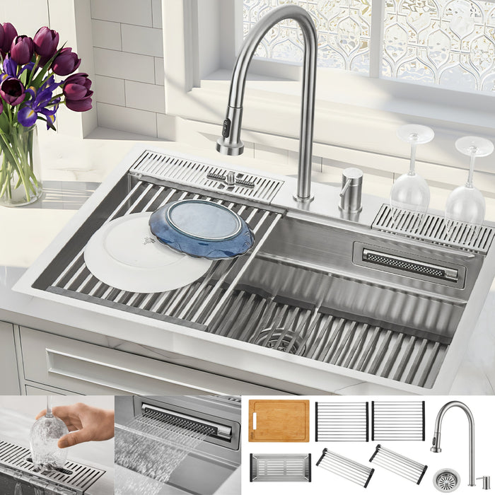 Forno Acqua 33" Drop-In/Undermount 3 Level Workstation Sink, Waterfall Faucet, Glass Rinser in Stainless Steel (E-ZP30)