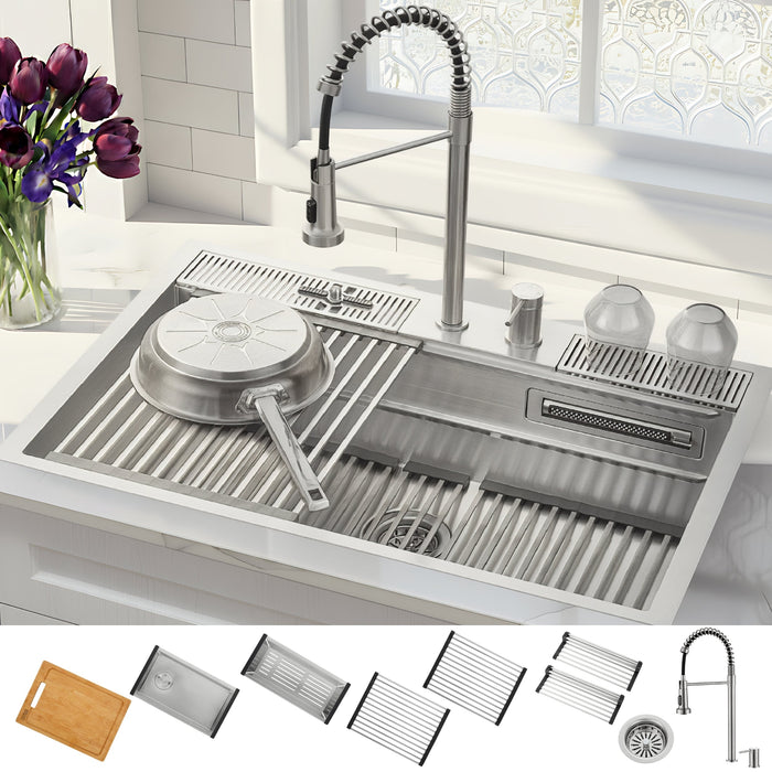 Forno Acqua 33" Drop-In/Undermount 3 Level Workstation Sink, Waterfall Faucet, Glass Rinser in Stainless Steel (E-ZP31)