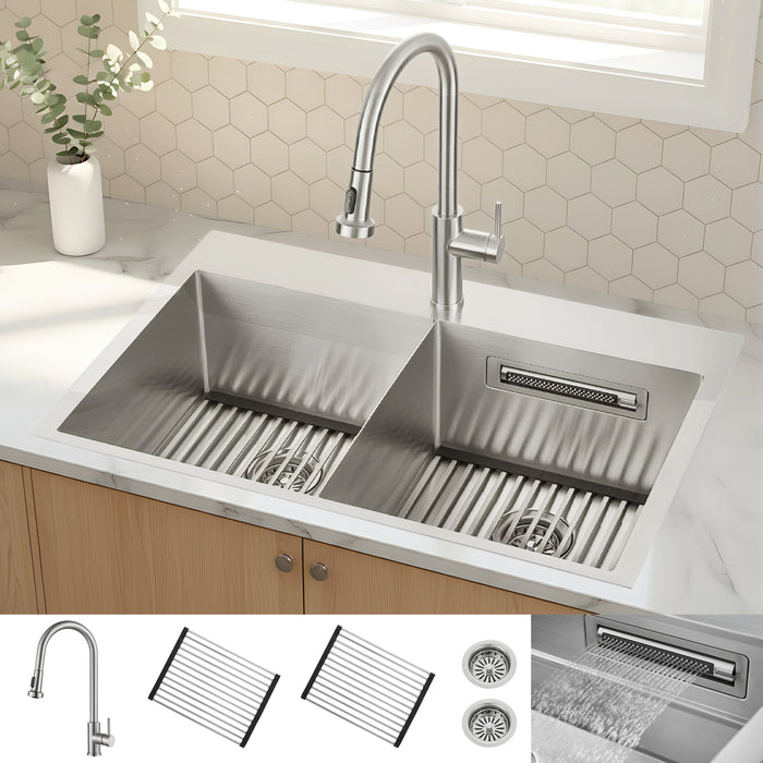 Forno Acqua 33" Drop-In/Undermount 50/50 Double Bowl Sink, Waterfall Faucet in Stainless Steel (G-ZN30)