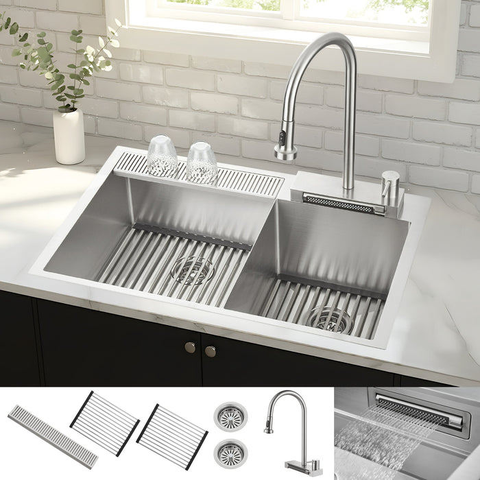 Forno Acqua 33" Drop-In/Undermount 40/60 Double Bowl Sink, Retractable and Waterfall Faucet in Stainless Steel (H-XN30)
