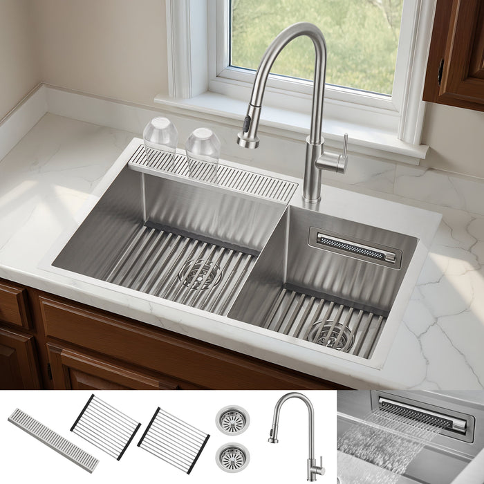 Forno Acqua 33" Drop-In/Undermount 40/60 Double Bowl Sink, Retractable and Waterfall Faucet in Stainless Steel (H-ZN30)