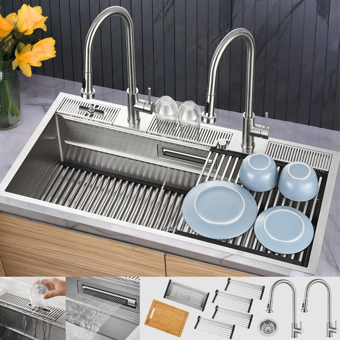 Forno Acqua 48" Drop-In/Undermount 3 Level Workstation Sink, 2 Faucets, Glass Rinser in Stainless Steel (J-WP30)