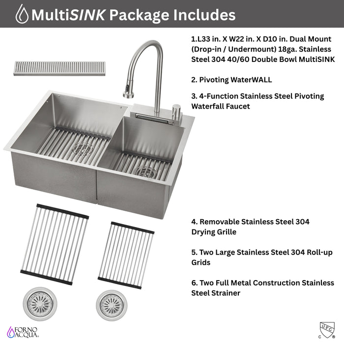 Forno Acqua 33" Drop-In/Undermount 40/60 Double Bowl Sink, Retractable and Waterfall Faucet in Stainless Steel (H-XN30)