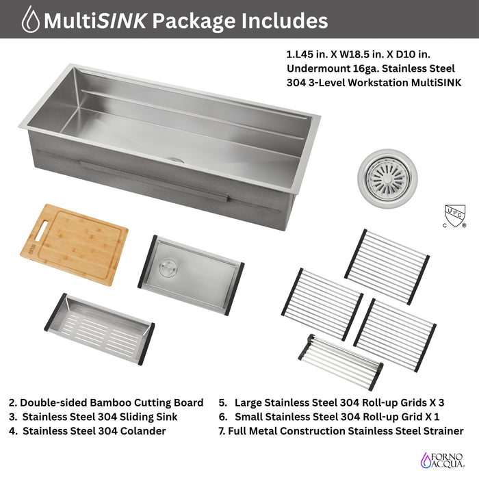 Forno Acqua 45" Drop-In/Undermount 3 Level Workstation Sink, Custom Fit Accessories in Stainless Steel (J-WP32)
