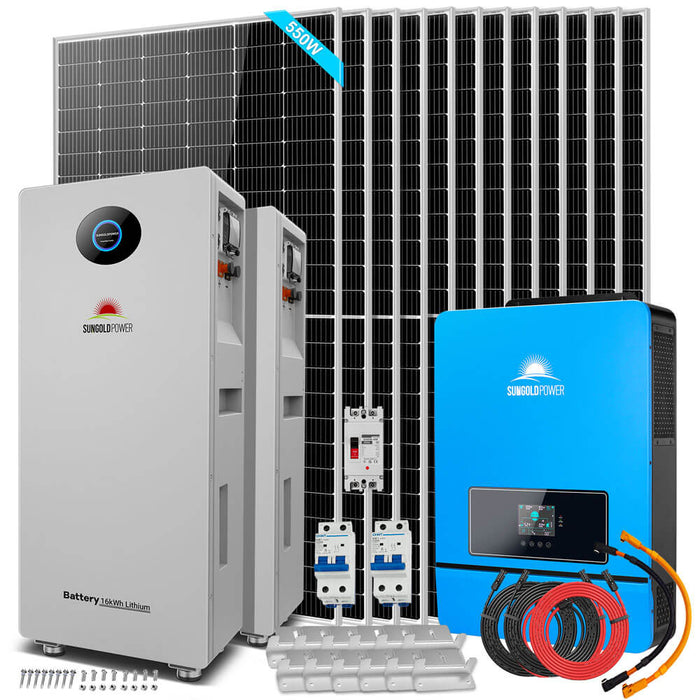 Sungold Power OFF GRID SOLAR KIT 12 X 550 WATTS SOLAR PANELS 20.48KWH-32.14KWH LITHIUM BATTERY 10KW SOLAR INVERTER 48VDC 120V/240V (SGR-10K25S)