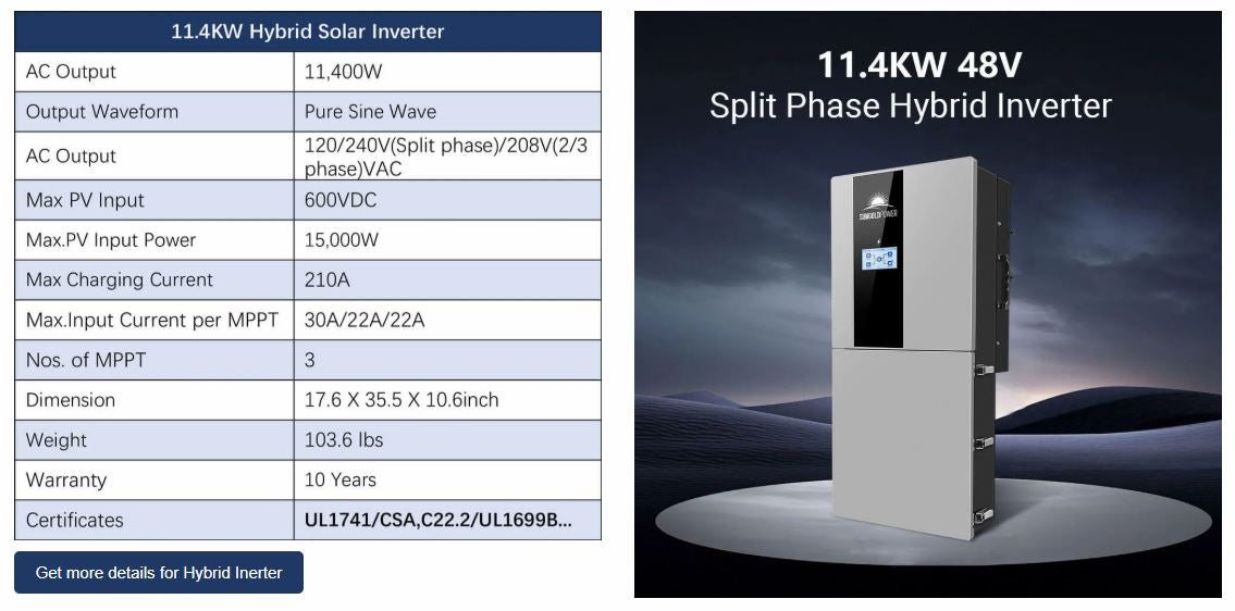 Sungold Power Hybrid Solar Kit 11.4KW 48V Split Phase 20.48KWH/51.2KWH Lithium Battery 450 Watt Solar Panel (Optional) (SGH-11N2E/ SGH-11N5E)