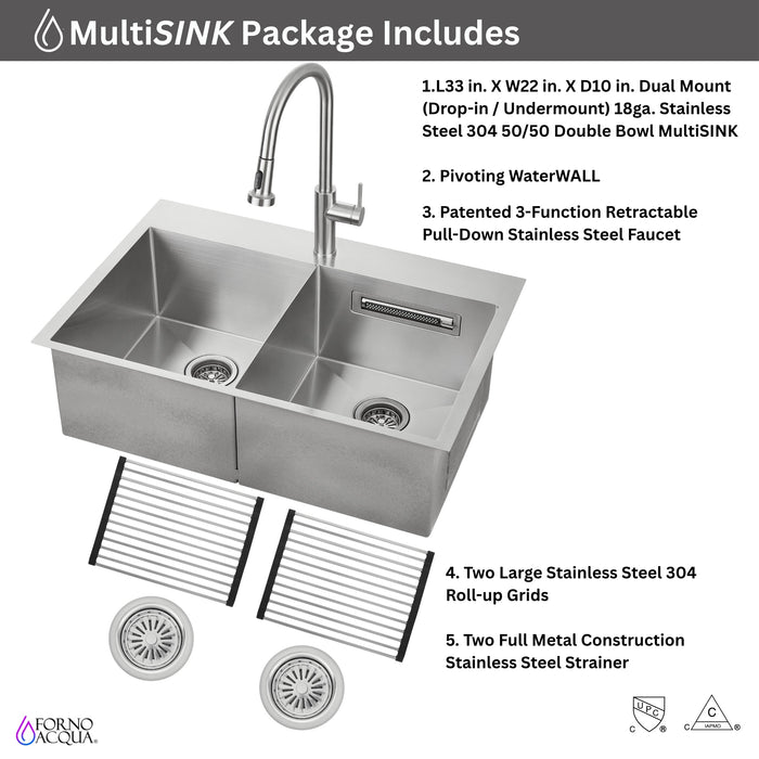 Forno Acqua 33" Drop-In/Undermount 50/50 Double Bowl Sink, Waterfall Faucet in Stainless Steel (G-ZN30)