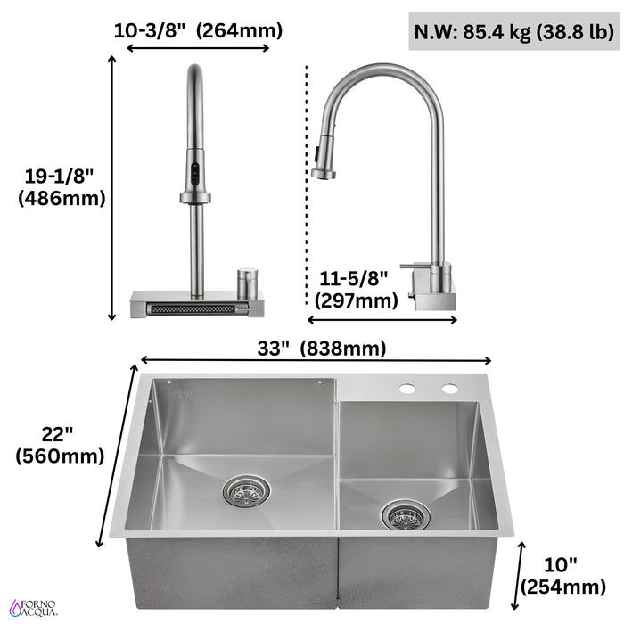 Forno Acqua 33" Drop-In/Undermount 40/60 Double Bowl Sink, Retractable and Waterfall Faucet in Stainless Steel (H-XN30)