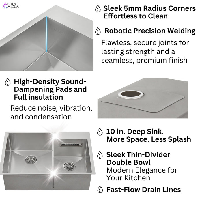 Forno Acqua 33" Drop-In/Undermount 40/60 Double Bowl Sink, Retractable and Waterfall Faucet in Stainless Steel (H-ZN30)