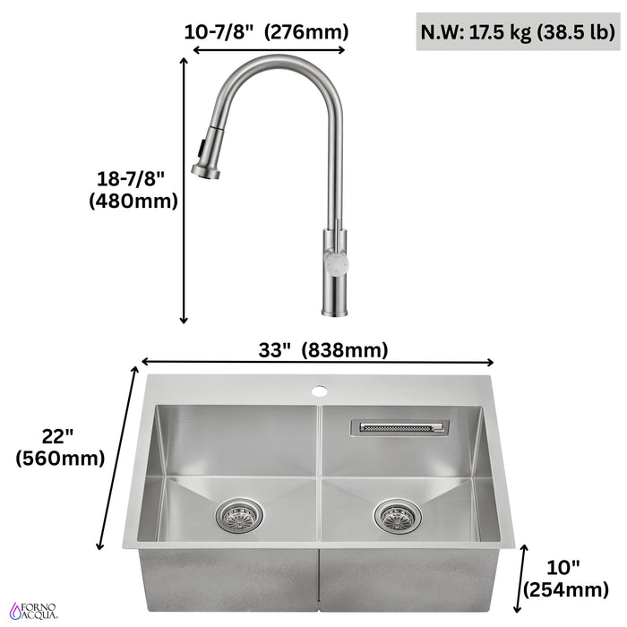 Forno Acqua 33" Drop-In/Undermount 50/50 Double Bowl Sink, Waterfall Faucet in Stainless Steel (G-ZN30)