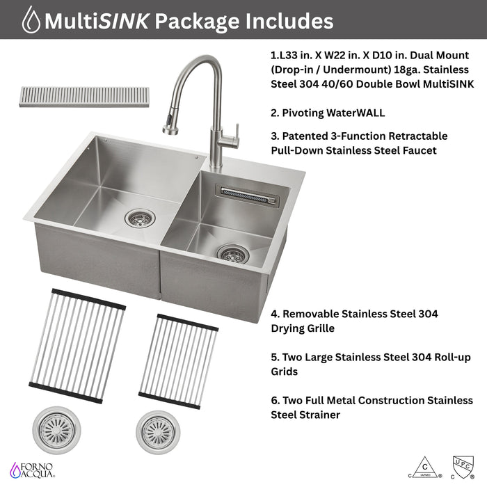 Forno Acqua 33" Drop-In/Undermount 40/60 Double Bowl Sink, Retractable and Waterfall Faucet in Stainless Steel (H-ZN30)
