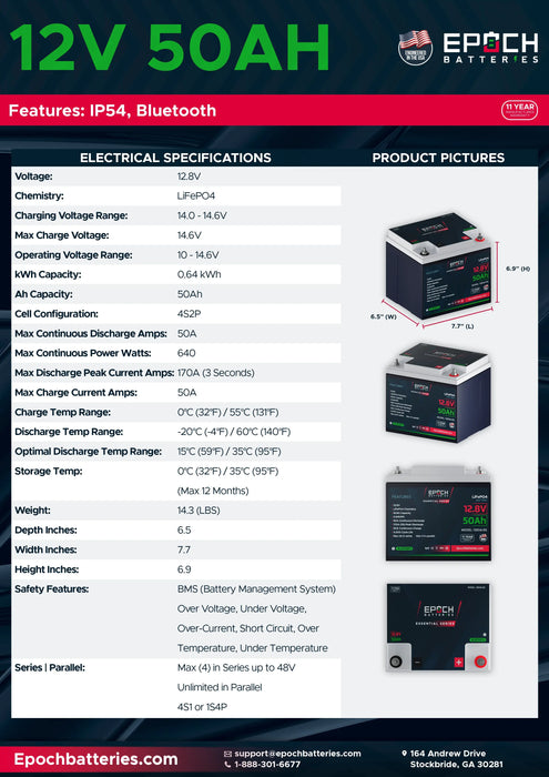 Epoch Batteries 12V 50Ah | Bluetooth | LiFePO4 Battery