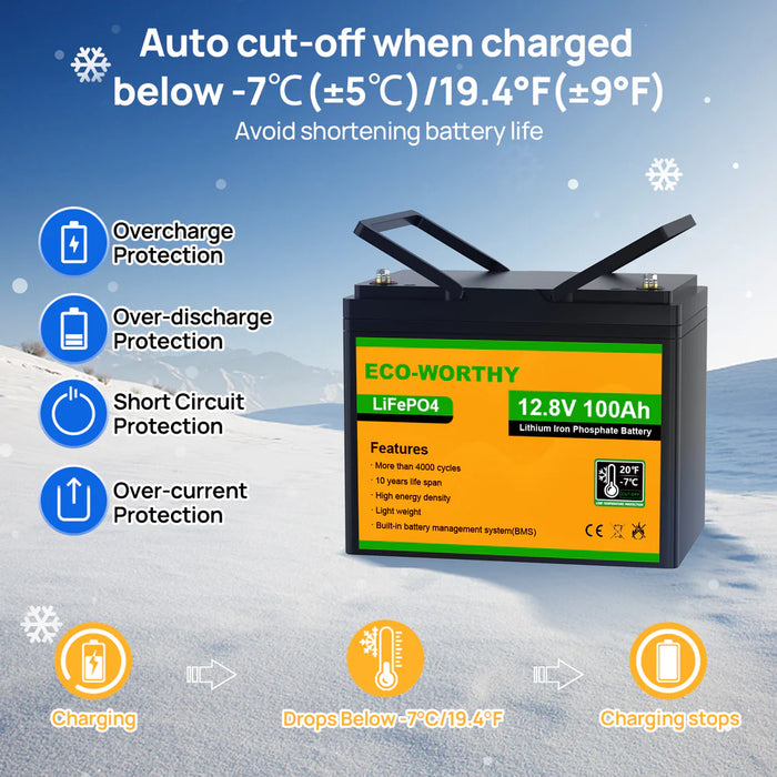 Eco-Worthy 12V 100Ah LiFePO4 Battery with Low-temperature Protection and Bluetooth Option