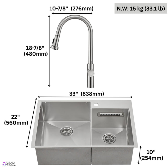 Forno Acqua 33" Drop-In/Undermount 40/60 Double Bowl Sink, Retractable and Waterfall Faucet in Stainless Steel (H-ZN30)