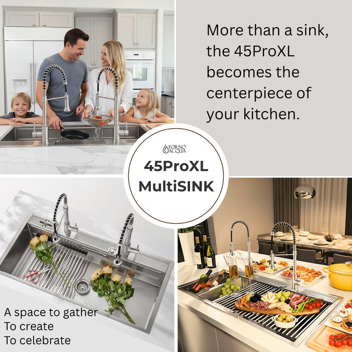 Forno Acqua 45" Drop-In/Undermount 3 Level Workstation Sink, 2 Faucets, Glass Rinser in Stainless Steel (J-WP31)