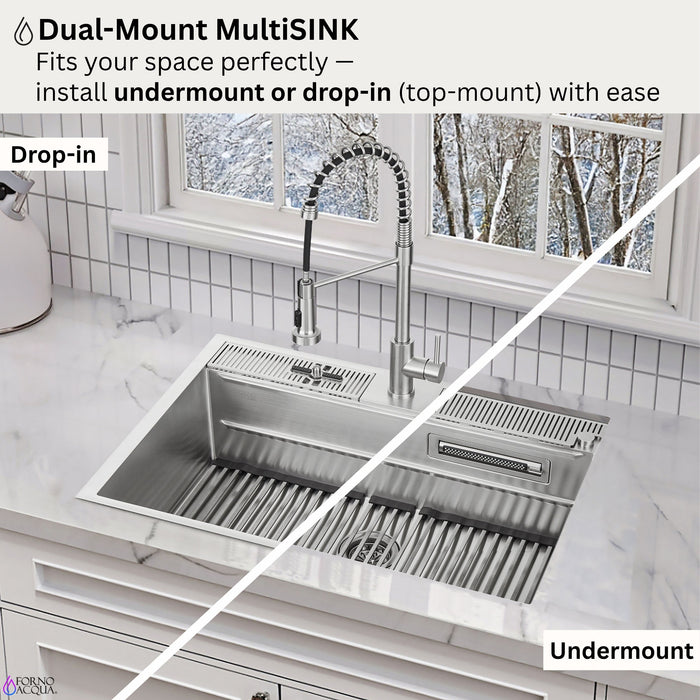 Forno Acqua 33" Drop-In/Undermount 3 Level Workstation Sink, Waterfall Faucet, Glass Rinser in Stainless Steel (E-ZP31)