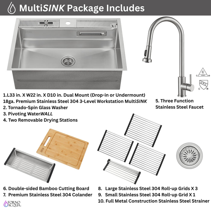Forno Acqua 33" Drop-In/Undermount 3 Level Workstation Sink, Waterfall Faucet, Glass Rinser in Stainless Steel (D-WP30)