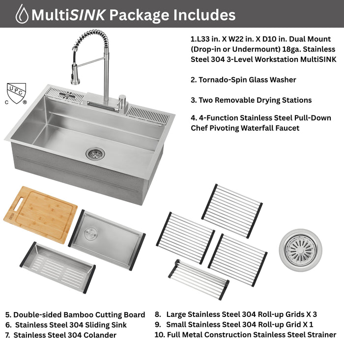 Forno Acqua 33" Drop-In/Undermount 3 Level Workstation Sink, Waterfall Faucet, Glass Rinser in Stainless Steel (E-XP31)