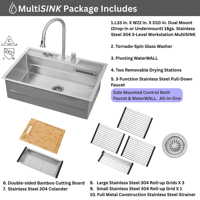 Forno Acqua 33" Drop-In/Undermount 3 Level Workstation Sink, Waterfall Faucet, Glass Rinser in Stainless Steel (E-ZP30)