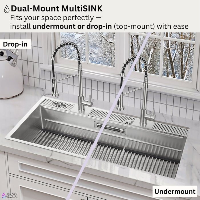 Forno Acqua 48" Drop-In/Undermount 3 Level Workstation Sink, 2 Faucets, Glass Rinser in Stainless Steel (J-WP30)