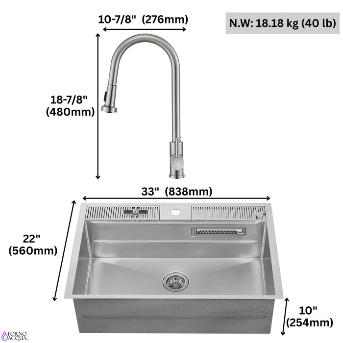 Forno Acqua 33" Drop-In/Undermount 3 Level Workstation Sink, Waterfall Faucet, Glass Rinser in Stainless Steel (D-WP30)