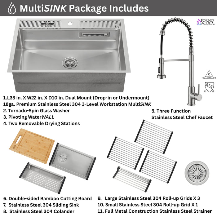Forno Acqua 33" Drop-In/Undermount 3 Level Workstation Sink, Chef Faucet, Glass Washing Station in Stainless Steel (D-WP31)