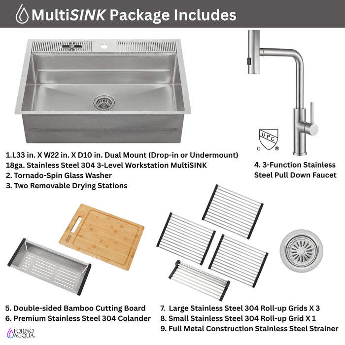 Forno Acqua 33" Drop-In/Undermount 3 Level Workstation Sink, Waterfall Faucet, Glass Rinser in Stainless Steel (D-XP30)