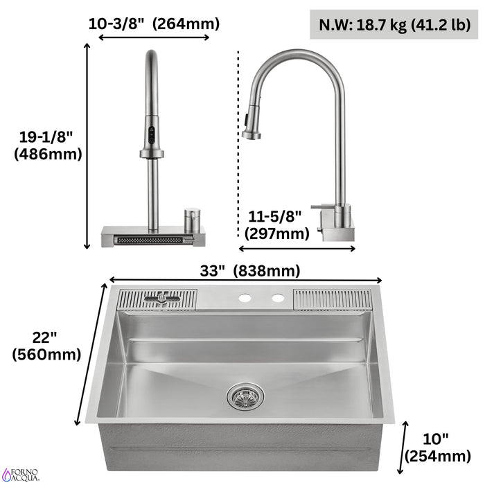 Forno Acqua 33" Drop-In/Undermount 3 Level Workstation Sink, Waterfall Faucet, Glass Rinser in Stainless Steel (E-XP30)