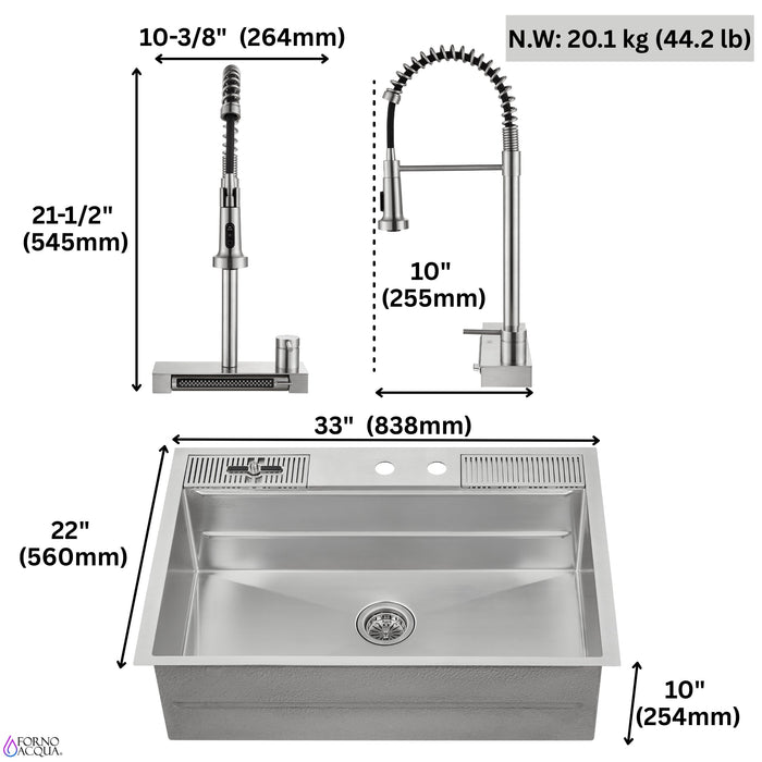 Forno Acqua 33" Drop-In/Undermount 3 Level Workstation Sink, Waterfall Faucet, Glass Rinser in Stainless Steel (E-XP31)