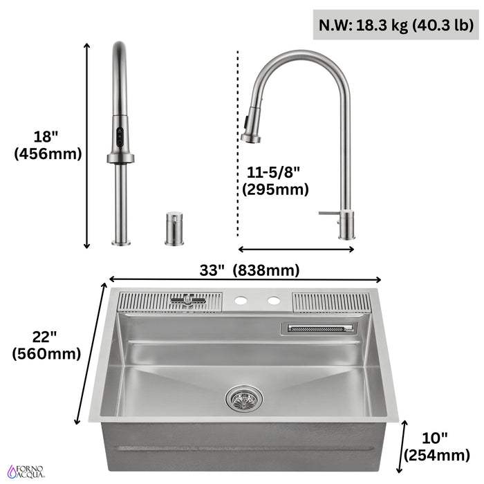 Forno Acqua 33" Drop-In/Undermount 3 Level Workstation Sink, Waterfall Faucet, Glass Rinser in Stainless Steel (E-ZP30)