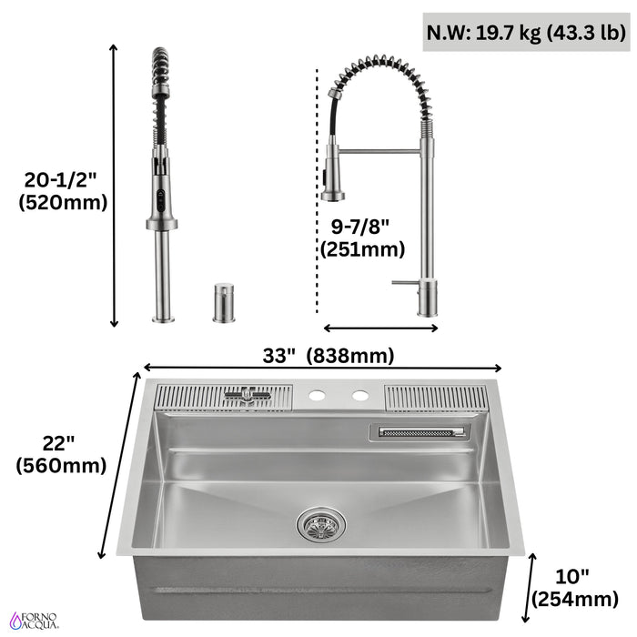 Forno Acqua 33" Drop-In/Undermount 3 Level Workstation Sink, Waterfall Faucet, Glass Rinser in Stainless Steel (E-ZP31)