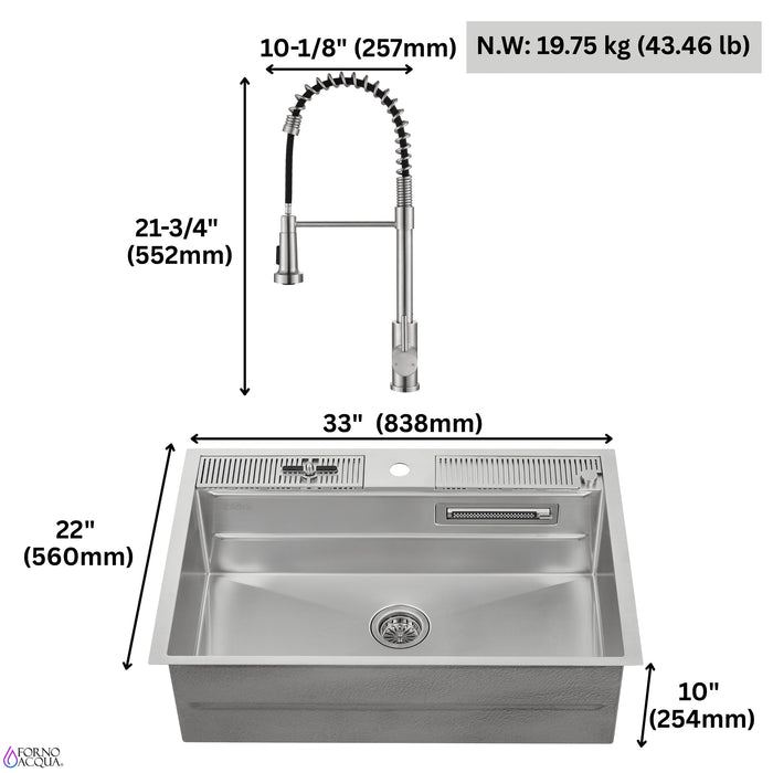Forno Acqua 33" Drop-In/Undermount 3 Level Workstation Sink, Chef Faucet, Glass Washing Station in Stainless Steel (D-WP31)